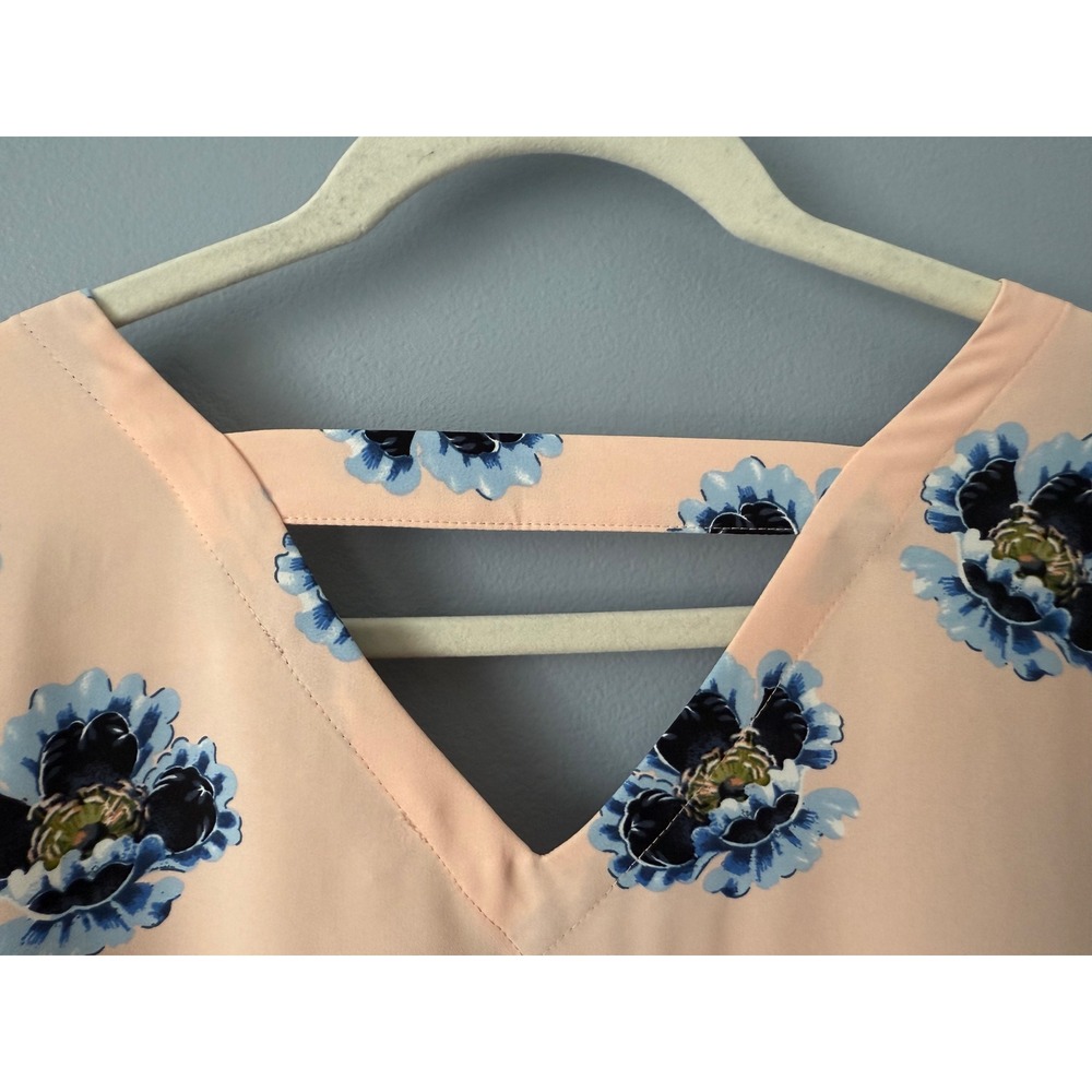 LOFT Blush Pink Blue Floral Long Roll-Tab Sleeve Double V-Neck Boho Size Large - Picture 9 of 10
